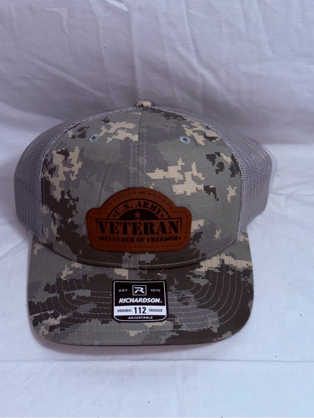 Richardson 112P Digital Camo Trucker Hat US Army Veteran Leather Patch Snapback